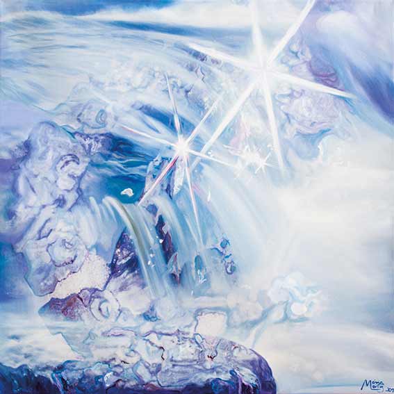 Bildtitel: „029. Element Wasser“ Acryldruck und Ölmalerei auf Leinwand aus der Bilderserie „108 Lichtperlen“ von Mirja Lang
