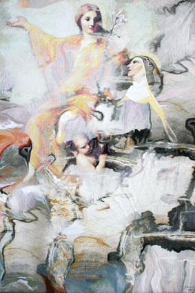 Bildtitel: „Ich bin die Frage nach der Moral“ Acryldruck und Ölmalerei auf Leinwand aus der Bilderserie „Madonna“ von Mirja Lang
