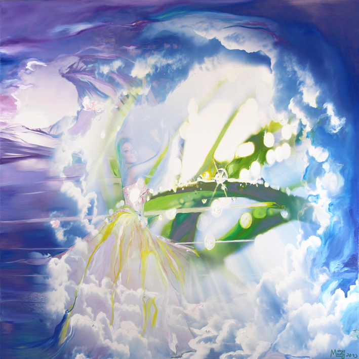 Bildtitel: „032. Fionalala“ Acryldruck und Ölmalerei auf Leinwand aus der Bilderserie „108 Lichtperlen“ von Mirja Lang