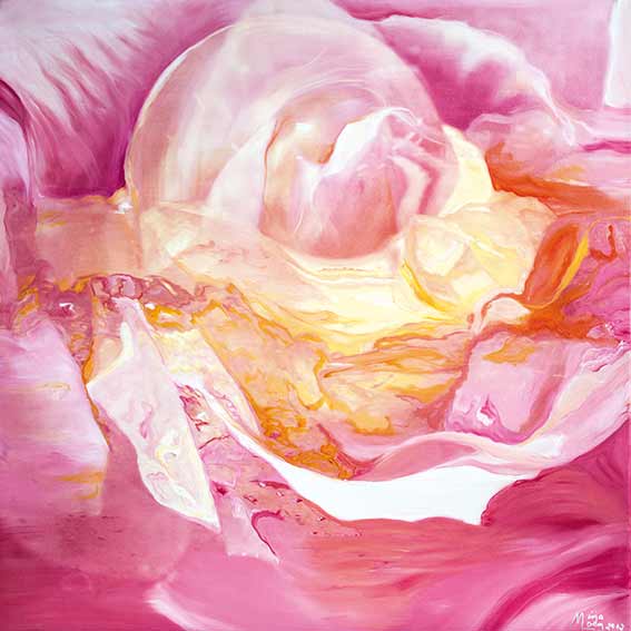Bildtitel: „06. Rosenquarz“ Acryldruck und Ölmalerei auf Leinwand „108 Lichtperlen“ von Mirja Lang
