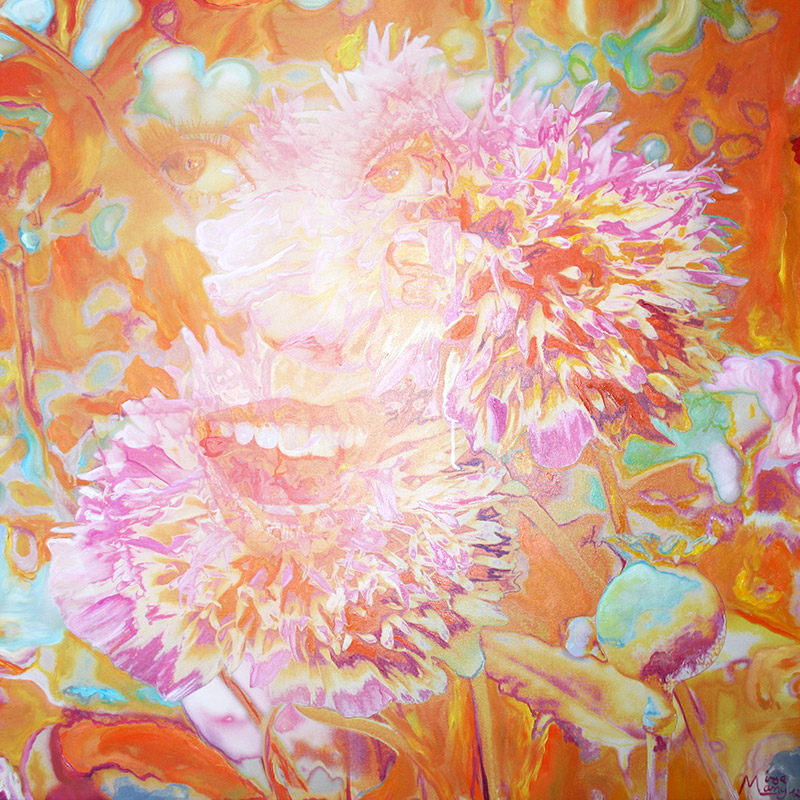 Bildtitel: „Pfingstrose“ Acryldruck und Ölmalerei auf Leinwand aus der Bilderserie „Blumenessenzen“ von Mirja Lang

