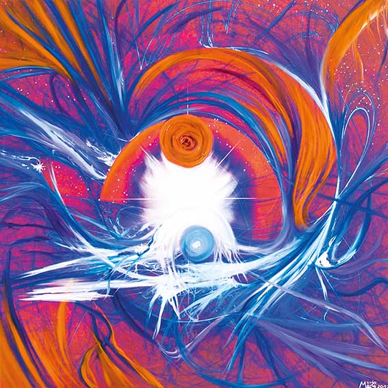 Bildtitel: „030. Pythagoras“ Acryldruck und Ölmalerei auf Leinwand aus der Bilderserie „108 Lichtperlen“ von Mirja Lang