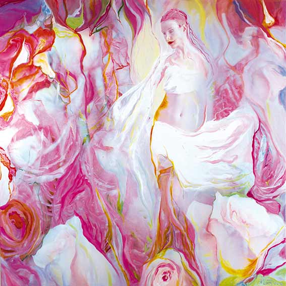 Bildtitel: „16. Shinaja“ Acryldruck und Ölmalerei auf Leinwand aus der Bilderserie „108 Lichtperlen“ von Mirja Lang