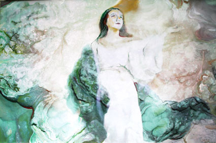 Bildtitel:“Empfangen bedeutet sich zu öffnen“ Acryldruck und Ölmalerei auf Leinwand aus der Bilderserie „Madonna“ von Mirja Lang