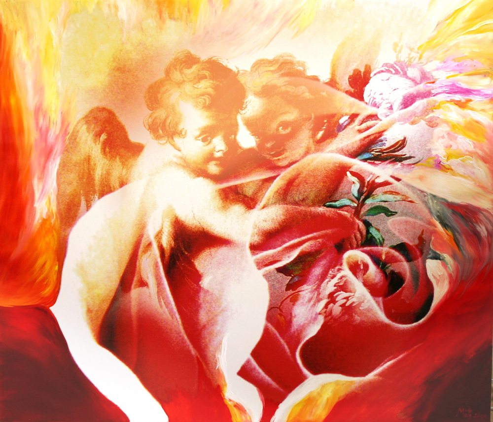 Bildtitel: „Die Liebe allein versteht das Geheimnis andere zu beschenken und dabei selbst reich zu werden.“ (Clemens Brentano) Kunstdruck auf Leinwand aus der Bilderserie „Engel auf Erden“ von Mirja Lang

