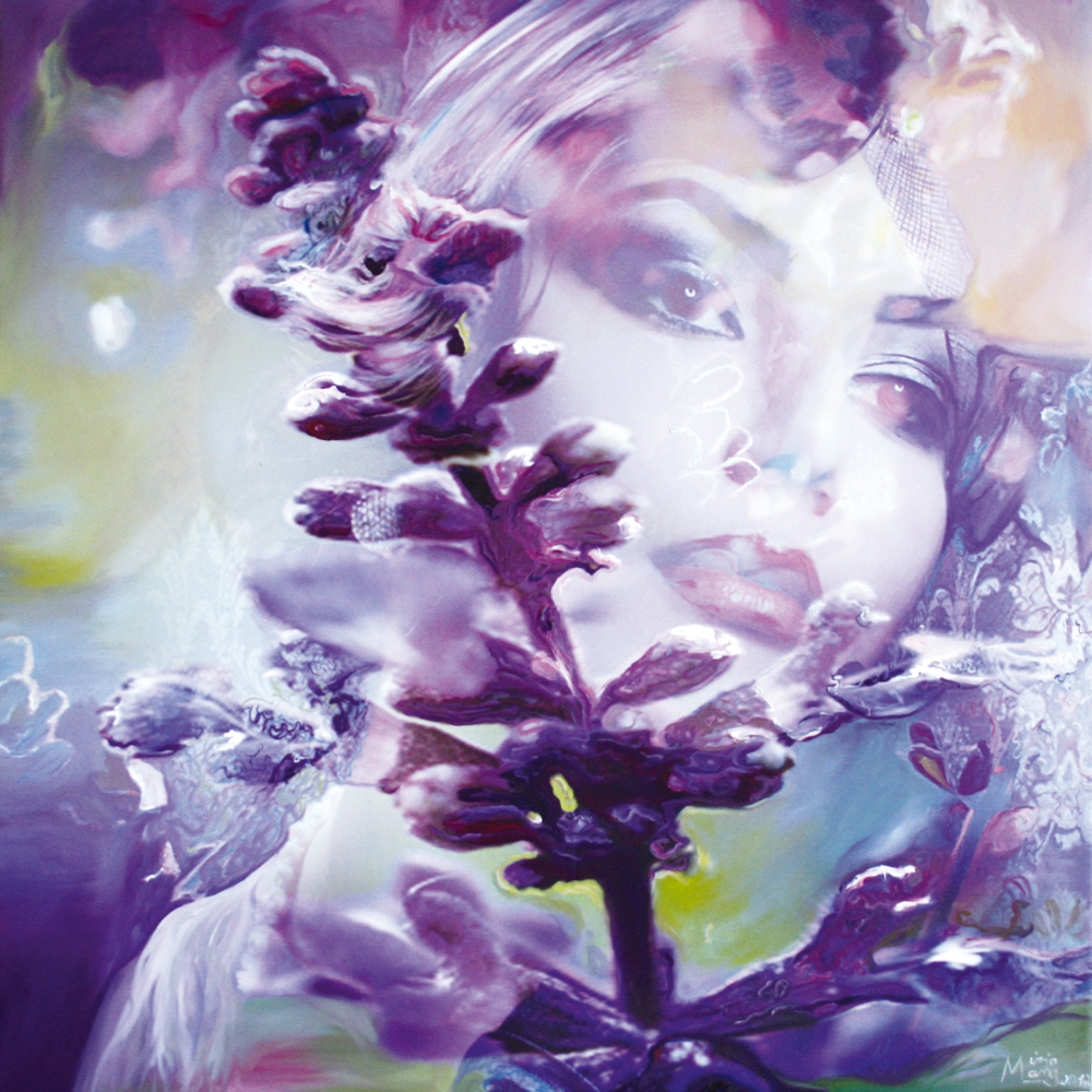 Bildtitel: „Lavendel“ Acryldruck und Ölmalerei auf Leinwand aus der Bilderserie „Blumenessenzen“ von Mirja Lang