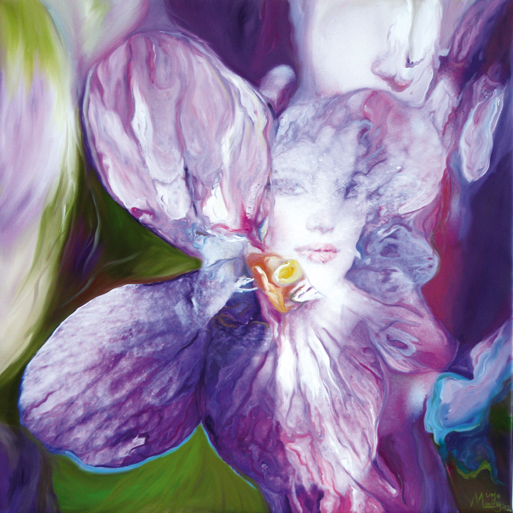 Bildtitel: „Veilchen“ Acryldruck und Ölmalerei auf Leinwand aus der Bilderserie „Blumenessenzen“ von Mirja Lang
