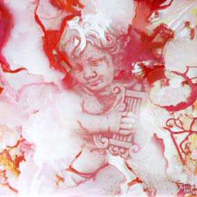 Bildtitel: „Die Blume der Kreativität wird vom Lob zur Entfaltung gebracht, doch Entmutigung nagt oft an der Knospe. (anonym) Kunstdruck auf Leinwand aus der Bilderserie „Engel auf Erden“ von Mirja Lang
