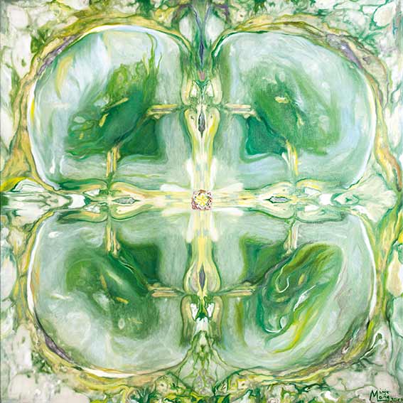 Bildtitel: „027. Erzengel Raphael“ Acryldruck und Ölmalerei auf Leinwand aus der Bilderserie „108 Lichtperlen“ von Mirja Lang