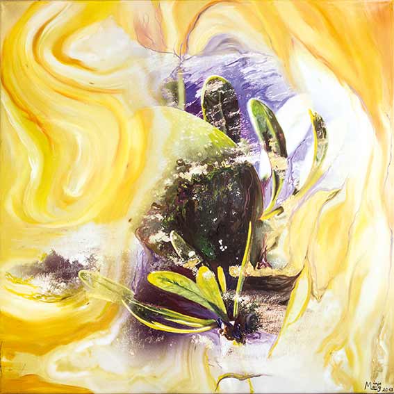 Bildtitel: „09. Baumengel Argan“ Acryldruck und Ölmalerei auf Leinwand aus der Bilderserie „108 Lichtperlen“ von Mirja Lang
