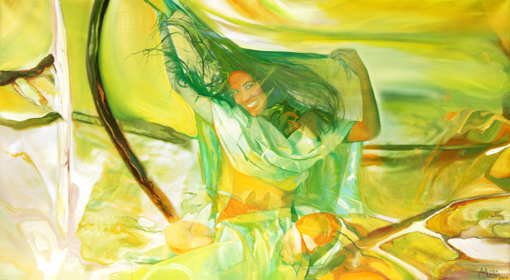 Bildtitel: „Selbstverständnis“ Acryldruck und Ölmalerei auf Leinwand aus der Bilderserie „Göttinnen in ihrer Essenz“ von Mirja Lang
