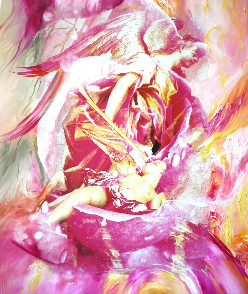 Bildtitel: „Liebe ist stets der Anfang des Wissens, so wie Feuer der Anfang des Lichts ist.“ (Thomas Carlyle) Acryldruck und Ölmalerei auf Leinwand aus der Bilderserie „Engel auf Erden“ von Mirja Lang
