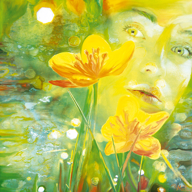 Bildtitel: „Hahnenfuß“ Acryldruck und Ölmalerei auf Leinwand aus der Bilderserie „Blumenessenzen“ von Mirja Lang
