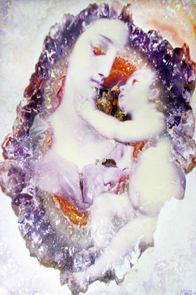 Bildtitel: „Mama, bleib hier bei mir.“ Acryldruck und Ölmalerei auf Leinwand aus der Bilderserie „Madonna“ von Mirja Lang