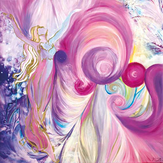 Bildtitel: „105. Engel der Künste“ Acryldruck und Ölmalerei auf Leinwand aus der Bilderserie „108 Lichtperlen“ von Mirja Lang
