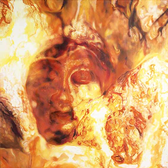 Bildtitel: „03. Element Erde“ Acryldruck und Ölmalerei auf Leinwand aus der Bilderserie „108 Lichtperlen“ von Mirja Lang
