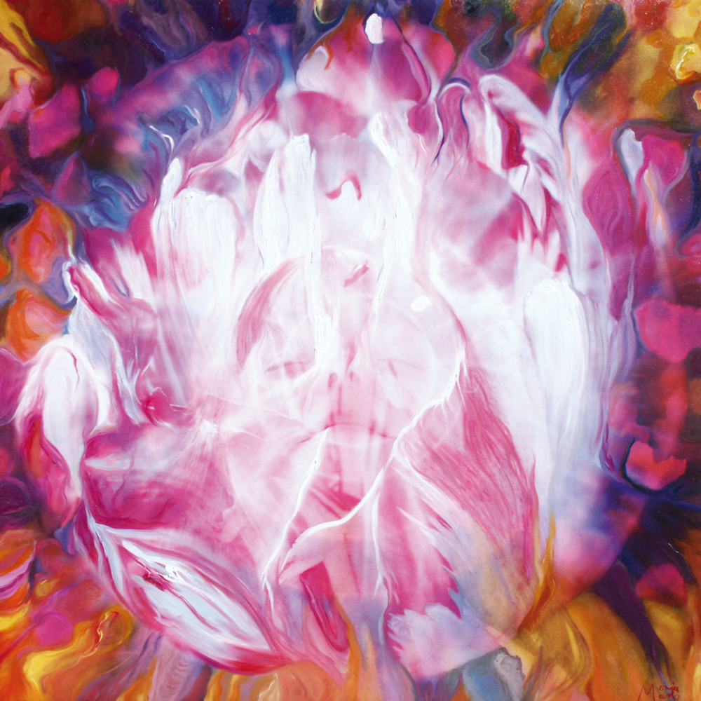Bildtitel: „Tulpe“ Acryldruck und Ölmalerei auf Leinwand aus der Bilderserie „Blumenessenzen“ von Mirja Lang
