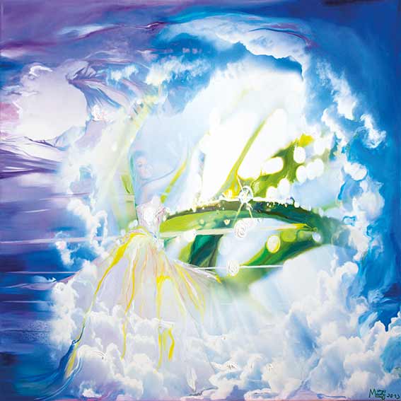 Bildtitel: „032. Fionalala“ Acryldruck und Ölmalerei auf Leinwand aus der Bilderserie „108 Lichtperlen“ von Mirja Lang